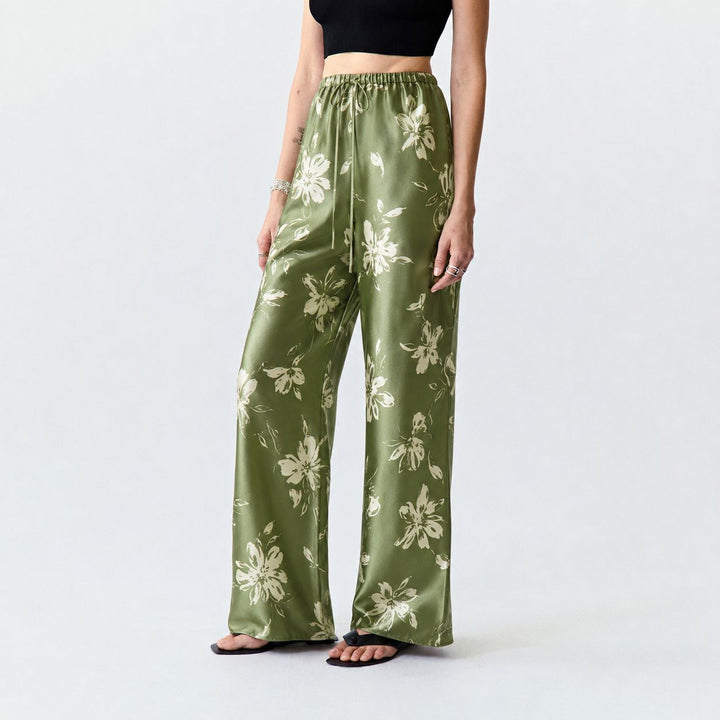 Washable Silk Green Floral Sleep Lounge Pants For Women