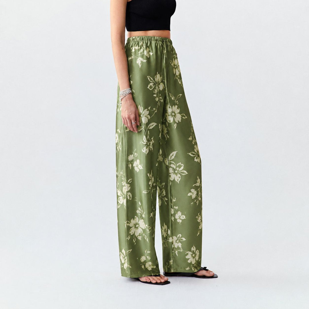 Washable Silk Green Floral Sleep Lounge Pants For Women
