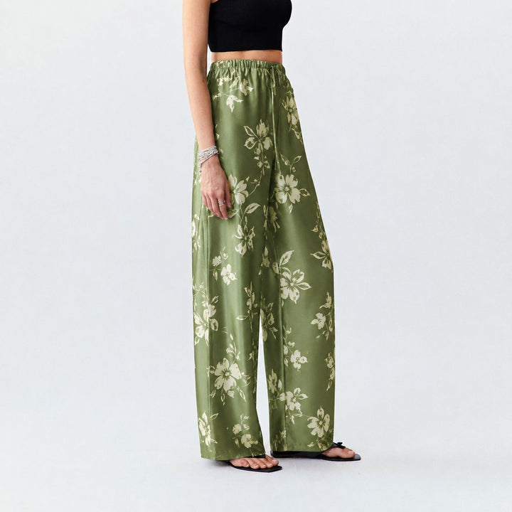 Washable Silk Green Floral Sleep Lounge Pants For Women
