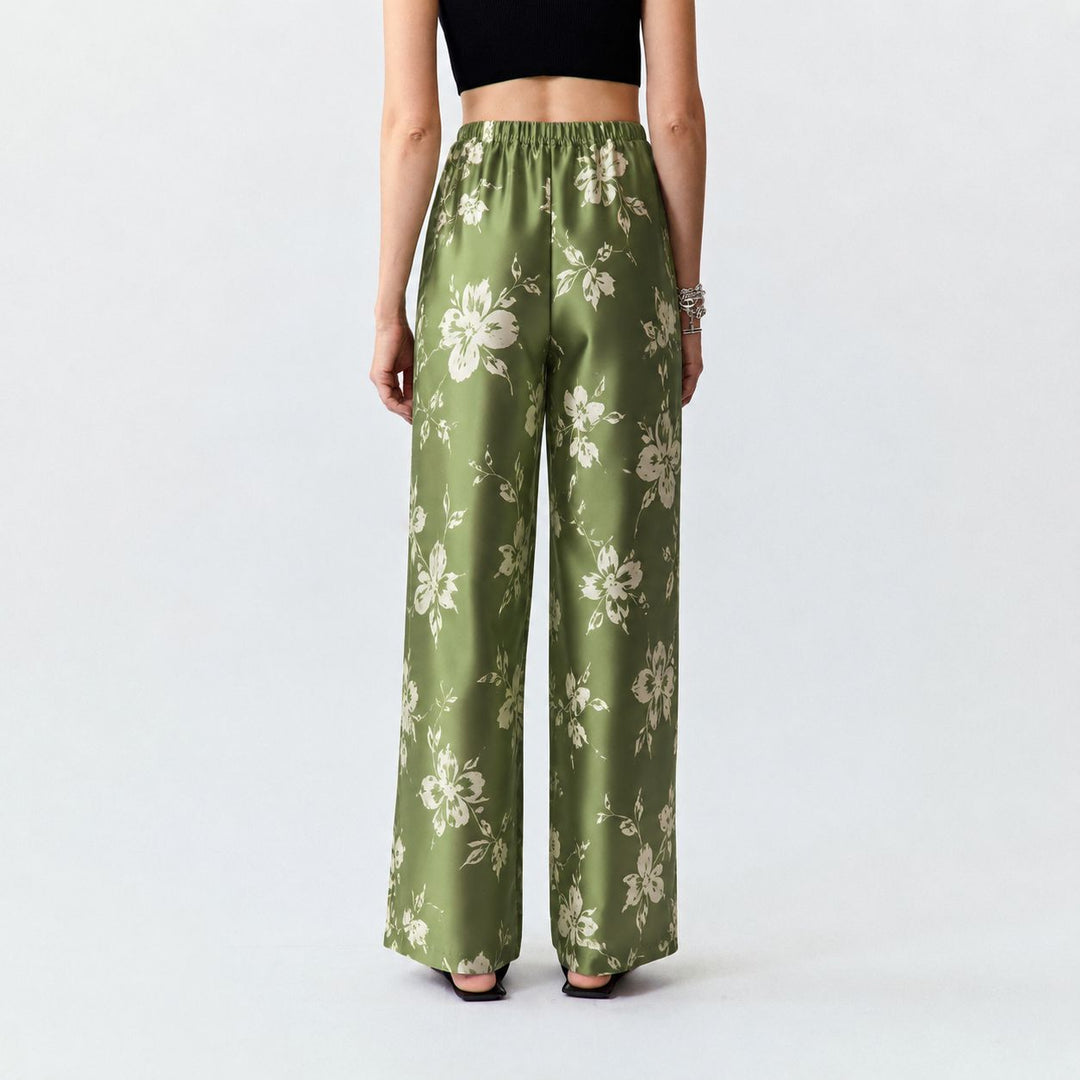 Washable Silk Green Floral Sleep Lounge Pants For Women