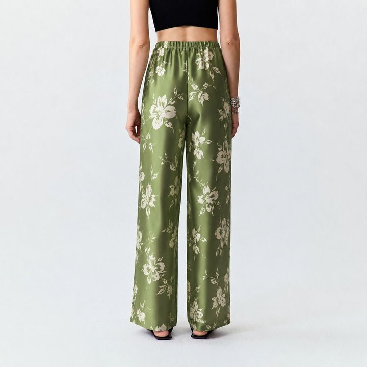 Washable Silk Green Floral Sleep Lounge Pants For Women