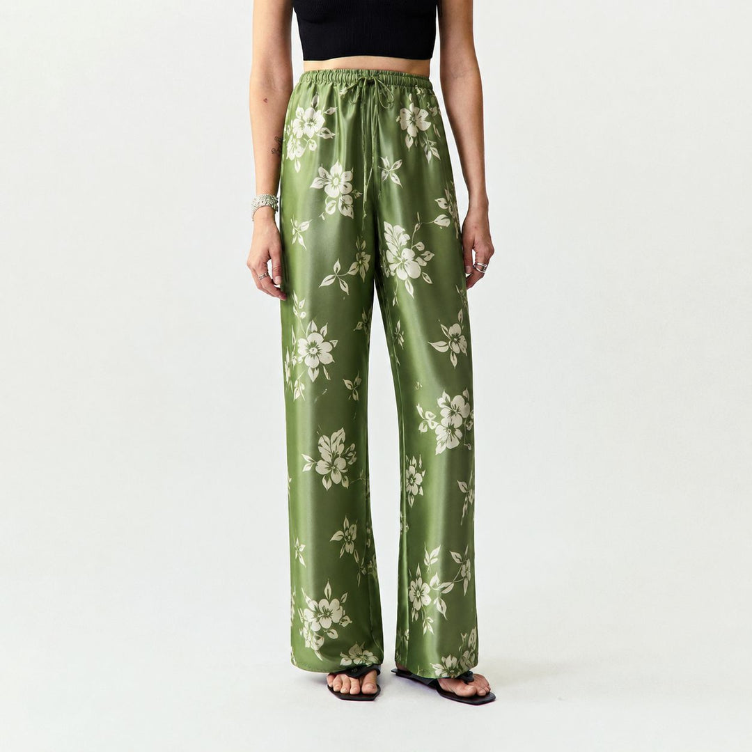 Washable Silk Green Floral Sleep Lounge Pants For Women