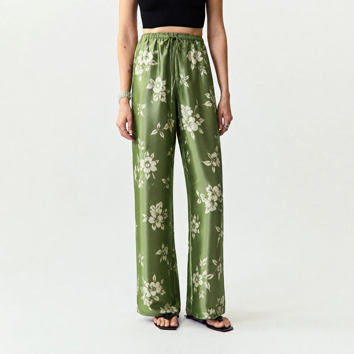 Washable Silk Green Floral Sleep Lounge Pants For Women