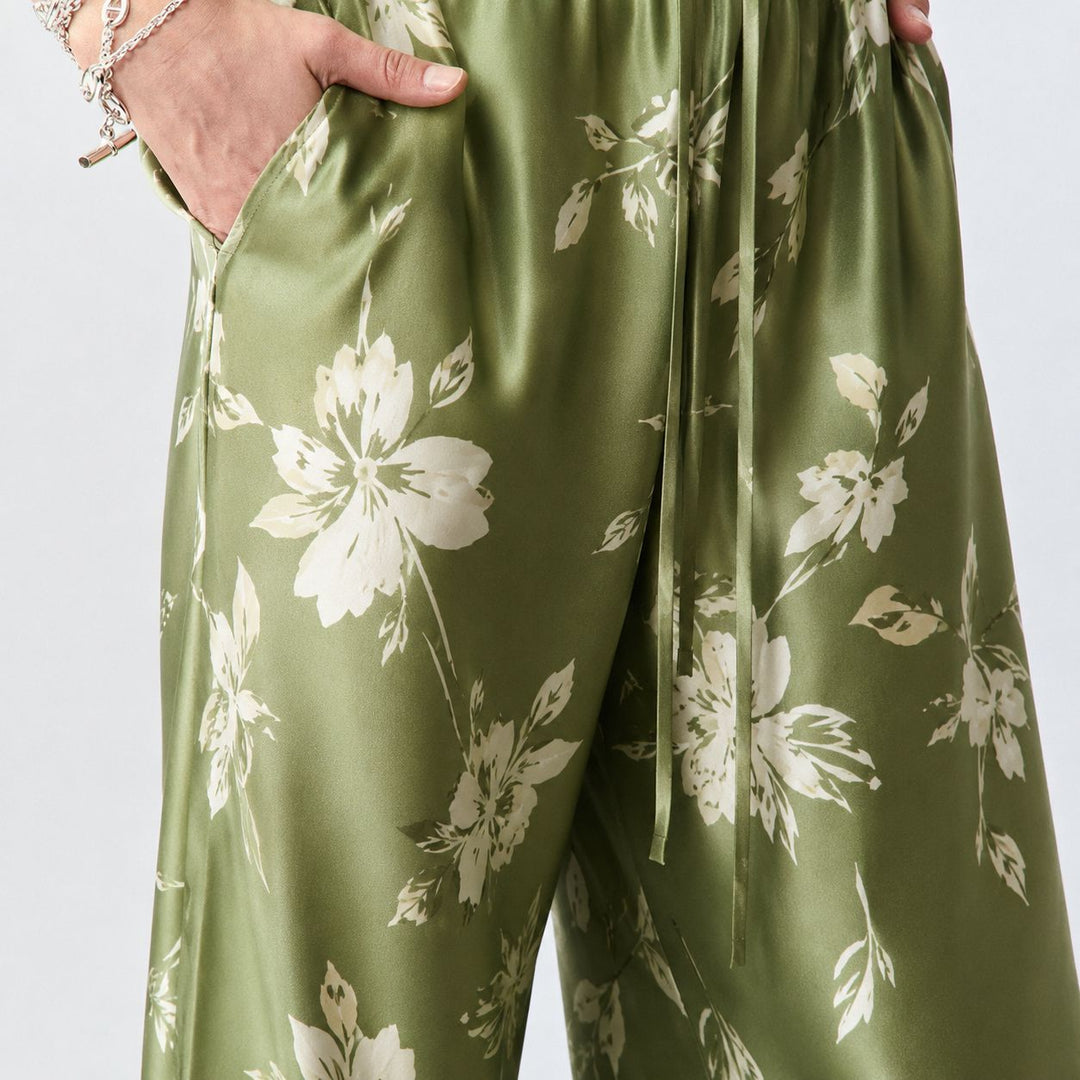 Washable Silk Green Floral Sleep Lounge Pants For Women