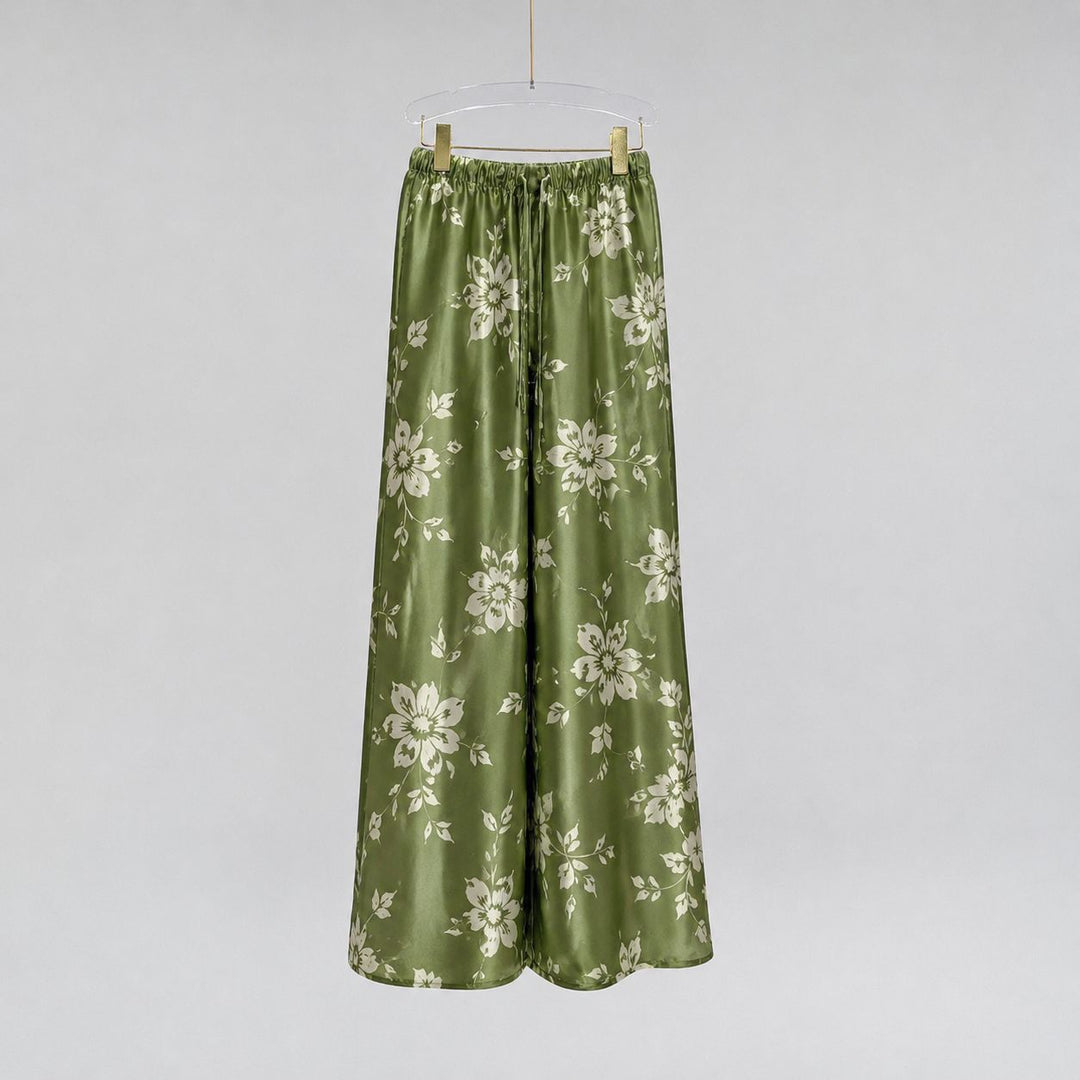 Washable Silk Green Floral Sleep Lounge Pants For Women