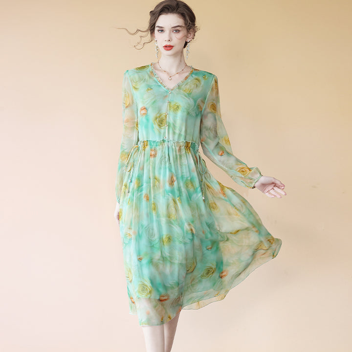 Green Yellow Floral Long Sleeve V Neck Empire Wasit Silk Dress SD090