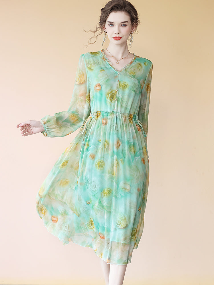 Green Yellow Floral Long Sleeve V Neck Empire Wasit Silk Dress SD090