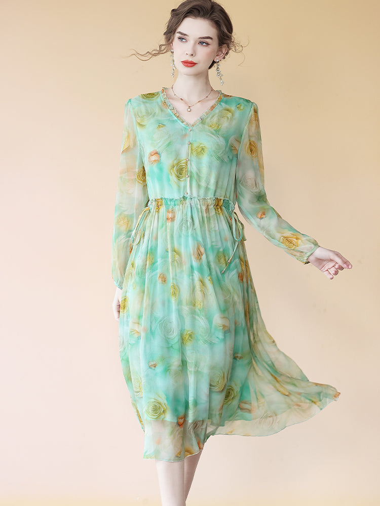 Green Yellow Floral Long Sleeve V Neck Empire Wasit Silk Dress SD090