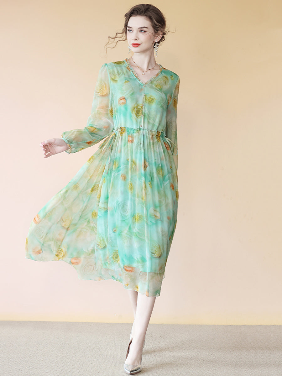 Green Yellow Floral Long Sleeve V Neck Empire Wasit Silk Dress SD090