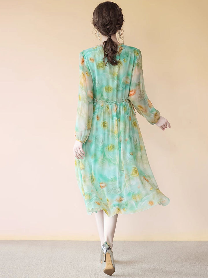 Green Yellow Floral Long Sleeve V Neck Empire Wasit Silk Dress SD090