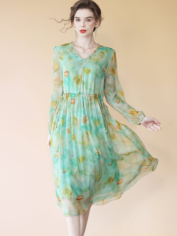 Green Yellow Floral Long Sleeve V Neck Empire Wasit Silk Dress SD090