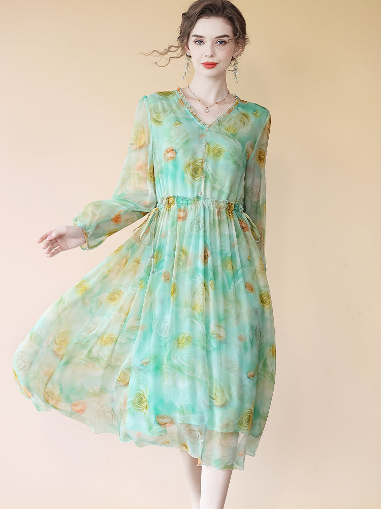 Green Yellow Floral Long Sleeve V Neck Empire Wasit Silk Dress SD090