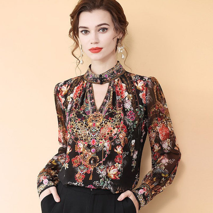 Jewelry-Print Black Cut-out High Neck Long Sleeve Silk Blouse for Women