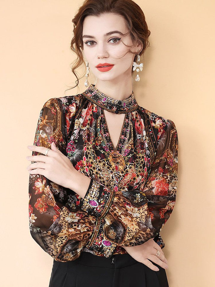 Jewelry-Print Black Cut-out High Neck Long Sleeve Silk Blouse for Women
