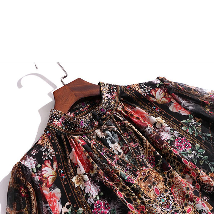 Jewelry-Print Black Cut-out High Neck Long Sleeve Silk Blouse for Women