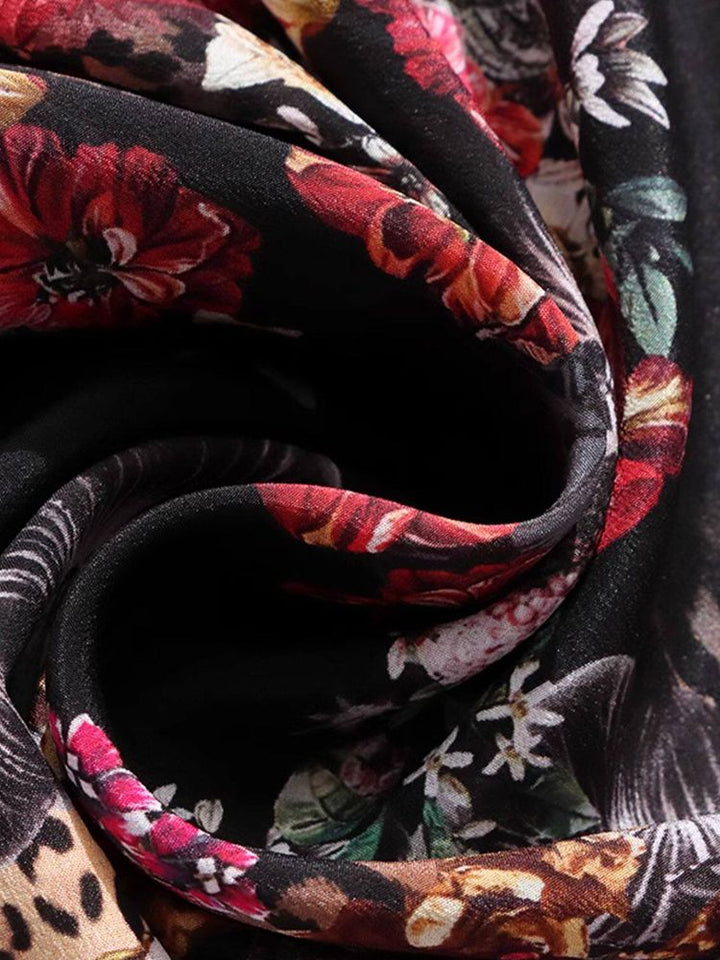 Jewelry-Print Black Cut-out High Neck Long Sleeve Silk Blouse for Women