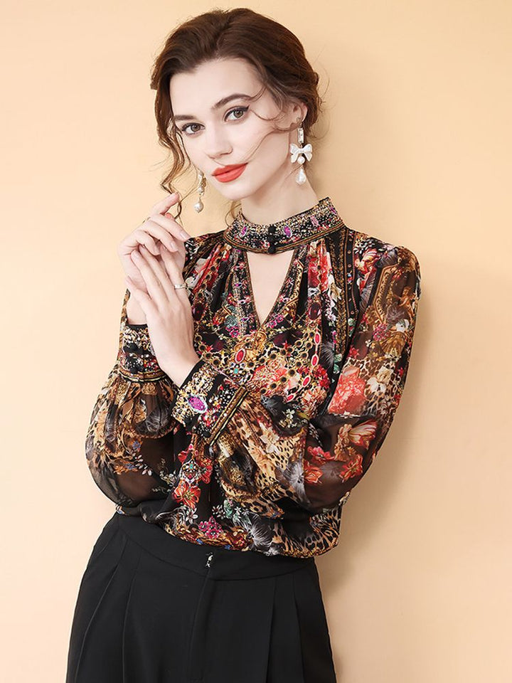 Jewelry-Print Black Cut-out High Neck Long Sleeve Silk Blouse for Women