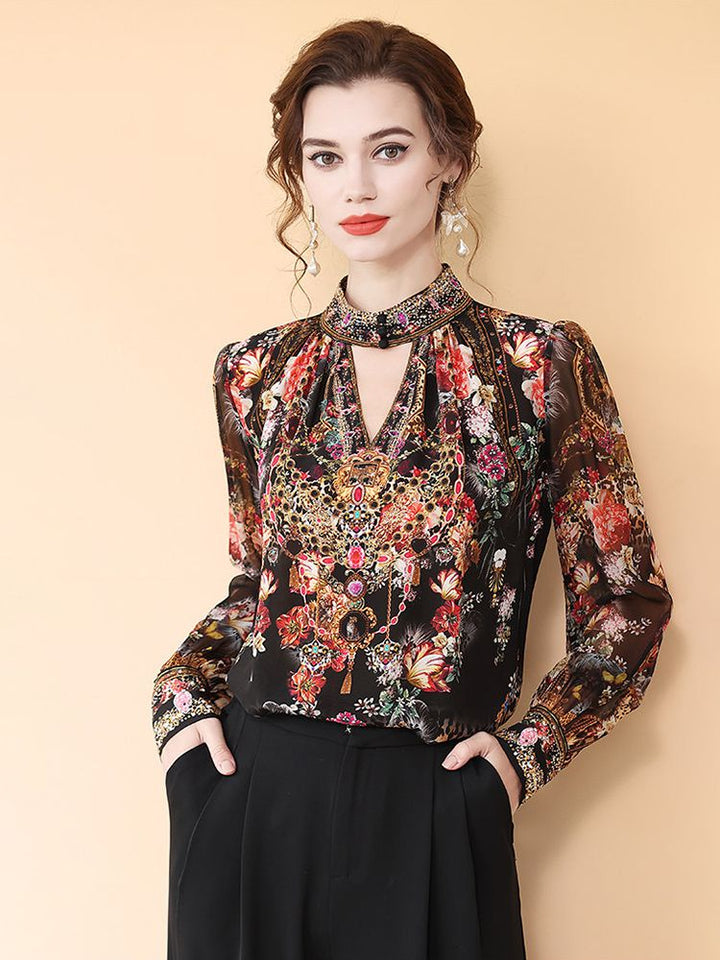Jewelry-Print Black Cut-out High Neck Long Sleeve Silk Blouse for Women