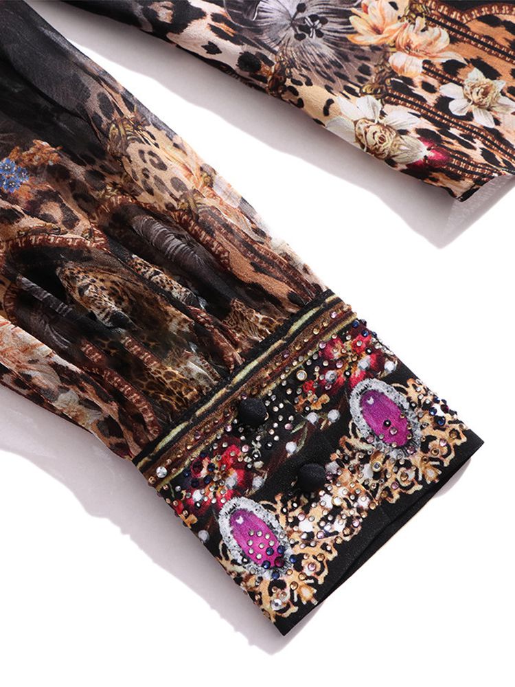 Jewelry-Print Black Cut-out High Neck Long Sleeve Silk Blouse for Women