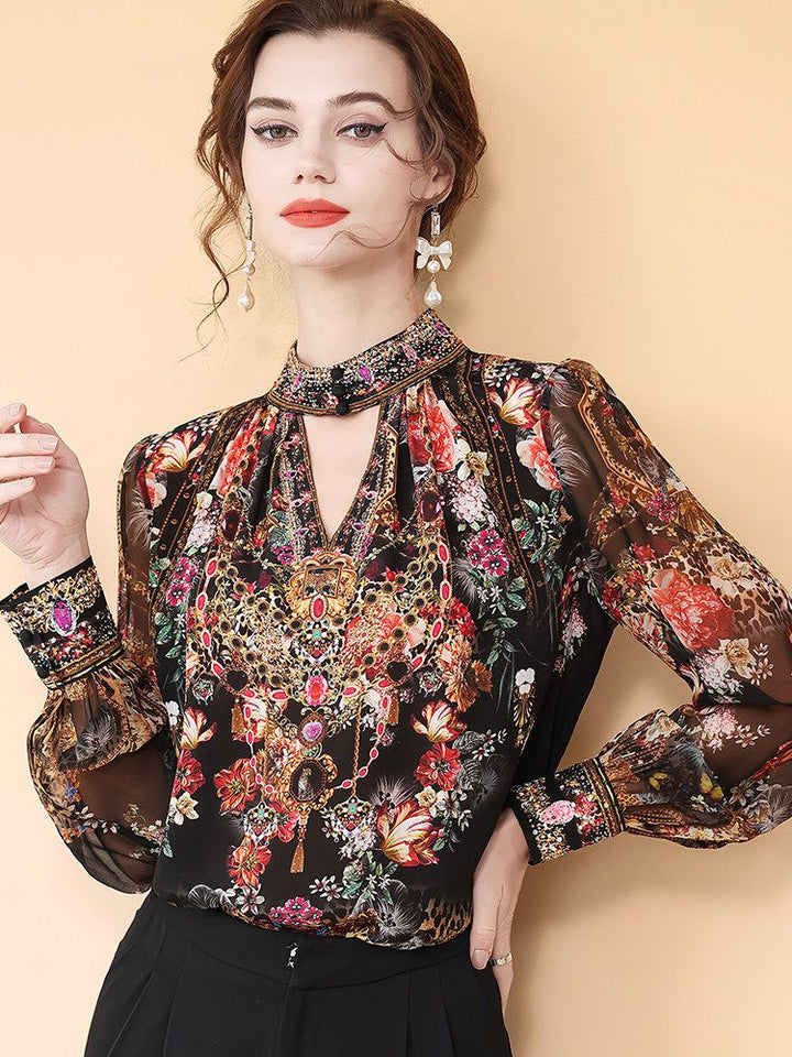 Jewelry-Print Black Cut-out High Neck Long Sleeve Silk Blouse for Women
