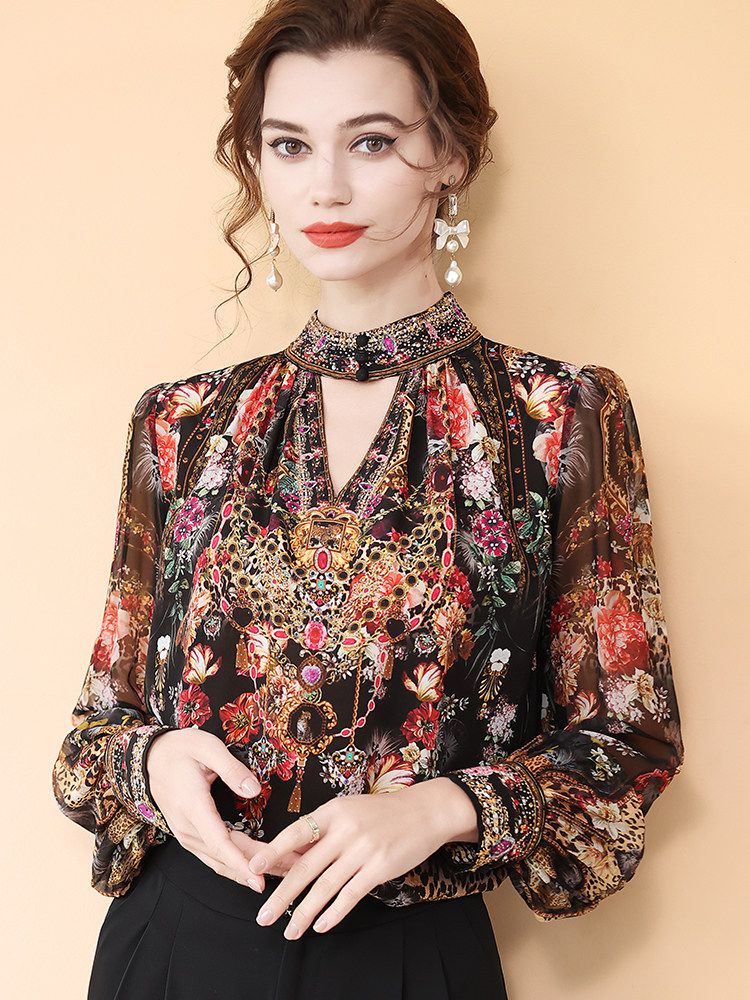 Jewelry-Print Black Cut-out High Neck Long Sleeve Silk Blouse for Women