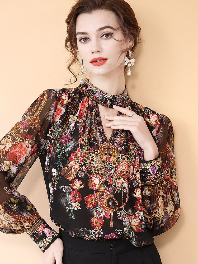 Jewelry-Print Black Cut-out High Neck Long Sleeve Silk Blouse for Women