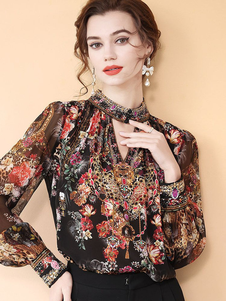 Jewelry-Print Black Cut-out High Neck Long Sleeve Silk Blouse for Women