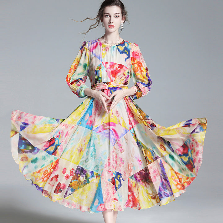 Joyful Colorful Printed Pure Mulberry Silk Dress For Women SD042
