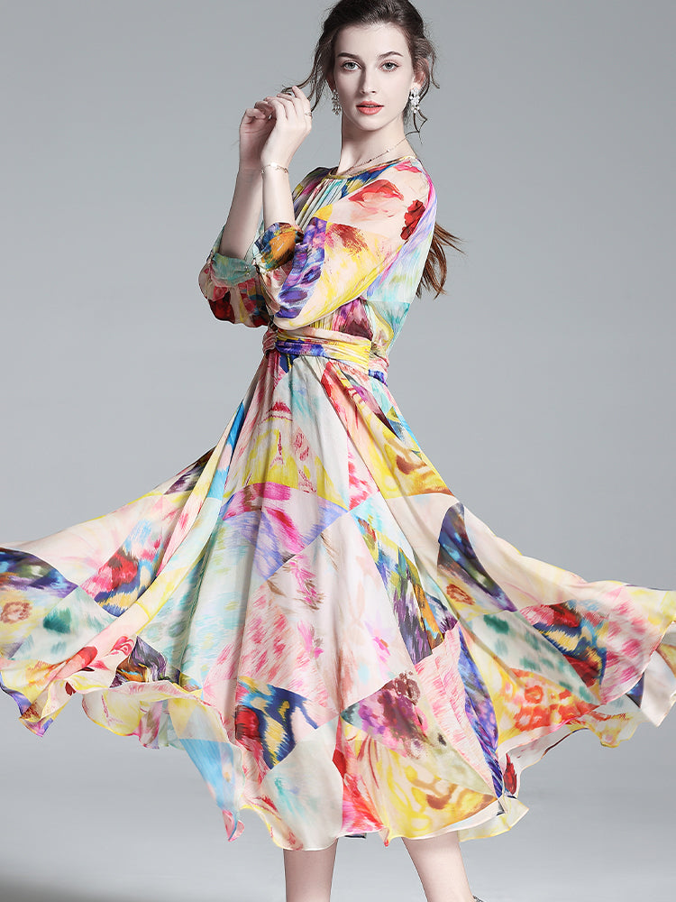 Joyful Colorful Printed Pure Mulberry Silk Dress For Women SD042