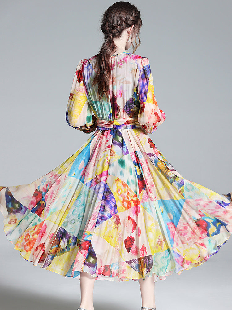 Joyful Colorful Printed Pure Mulberry Silk Dress For Women SD042