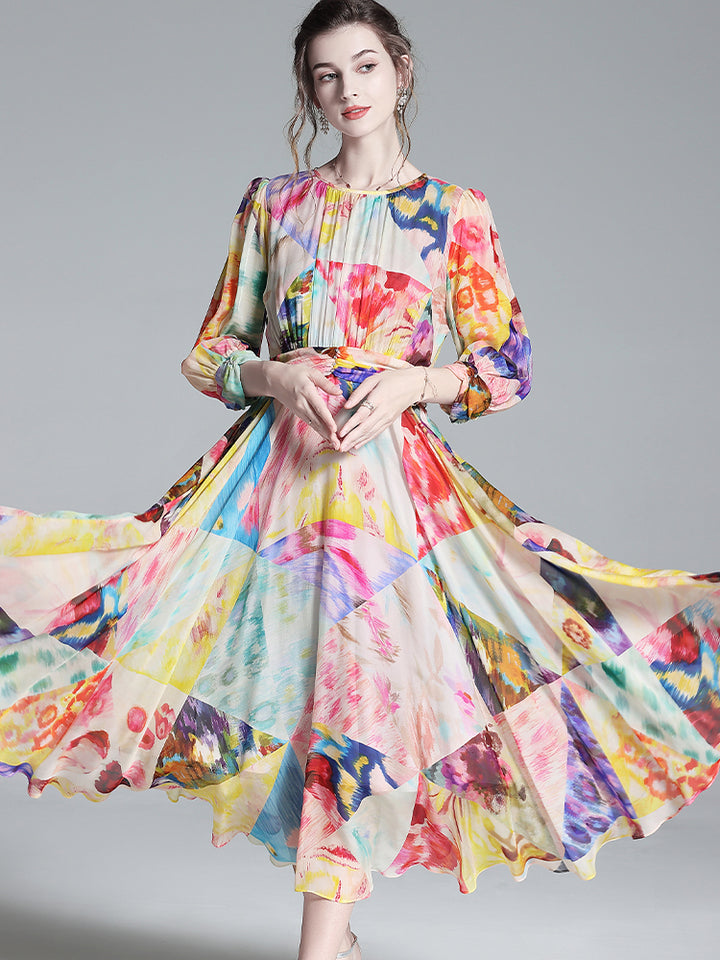 Joyful Colorful Printed Pure Mulberry Silk Dress For Women SD042