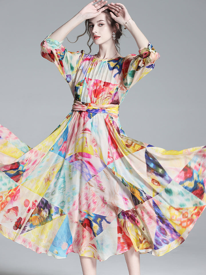 Joyful Colorful Printed Pure Mulberry Silk Dress For Women SD042