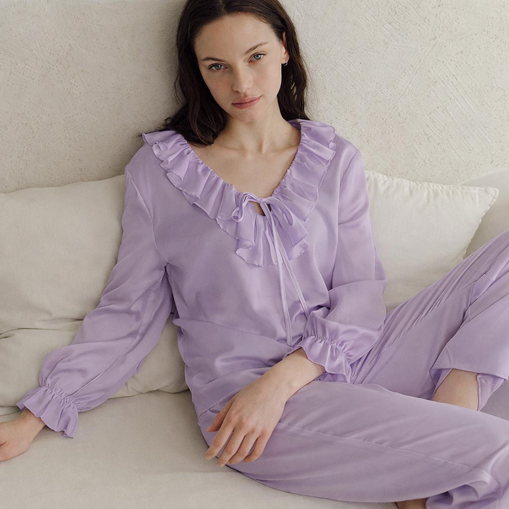 22 Momme Ruffled V-Neck Long Sleeve 100% Silk Pajama Set for Women