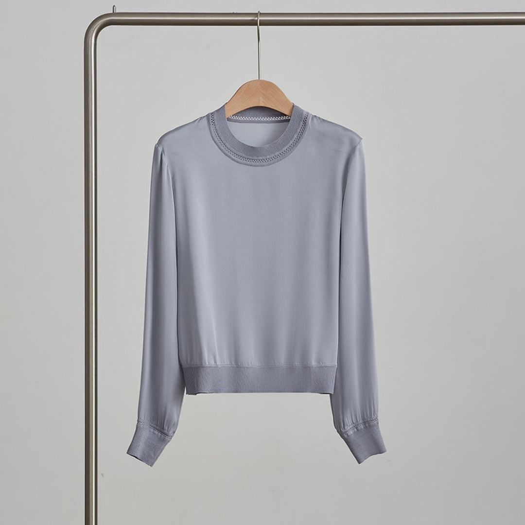Women’s Long Sleeve Ribbed Crew Neck Mulberry Silk Blouse