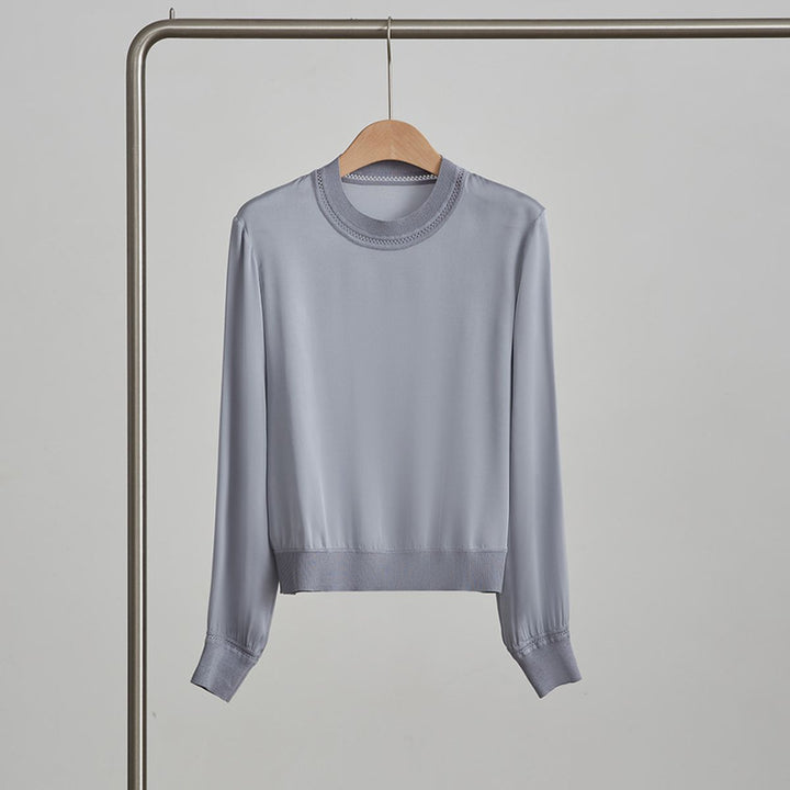Women’s Long Sleeve Ribbed Crew Neck Mulberry Silk Blouse