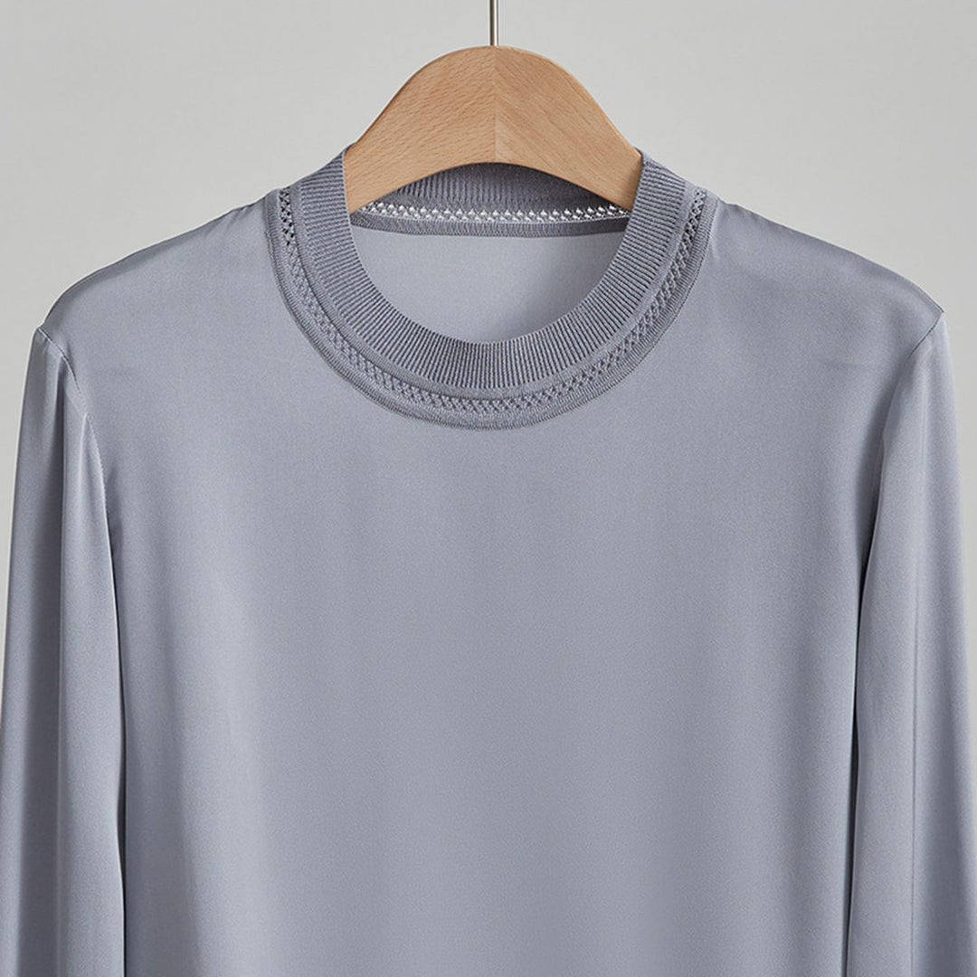 Women’s Long Sleeve Ribbed Crew Neck Mulberry Silk Blouse