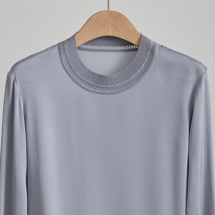 Women’s Long Sleeve Ribbed Crew Neck Mulberry Silk Blouse