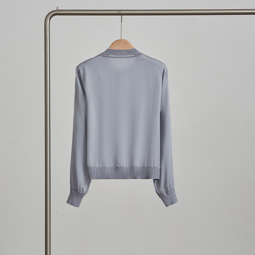 Women’s Long Sleeve Ribbed Crew Neck Mulberry Silk Blouse