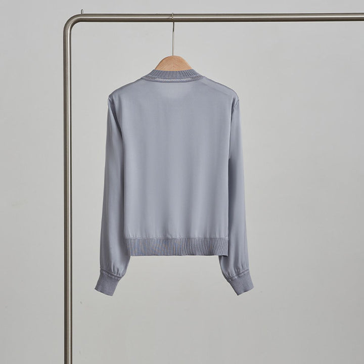Women’s Long Sleeve Ribbed Crew Neck Mulberry Silk Blouse