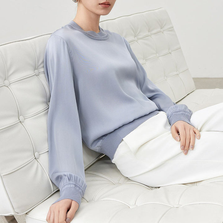 Women’s Long Sleeve Ribbed Crew Neck Mulberry Silk Blouse
