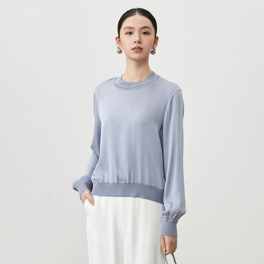Women’s Long Sleeve Ribbed Crew Neck Mulberry Silk Blouse