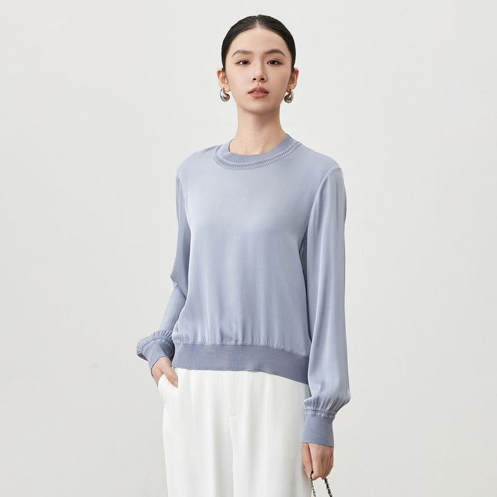 Women’s Long Sleeve Ribbed Crew Neck Mulberry Silk Blouse