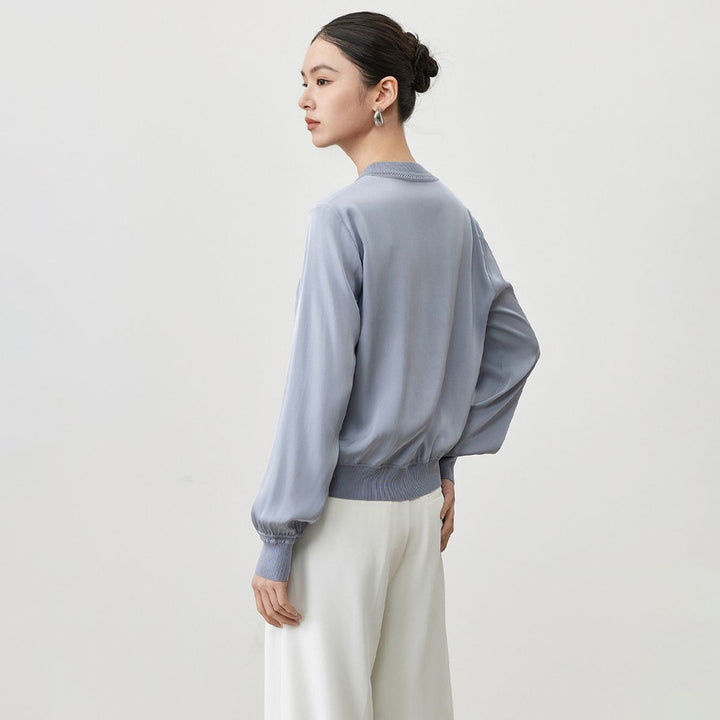 Women’s Long Sleeve Ribbed Crew Neck Mulberry Silk Blouse