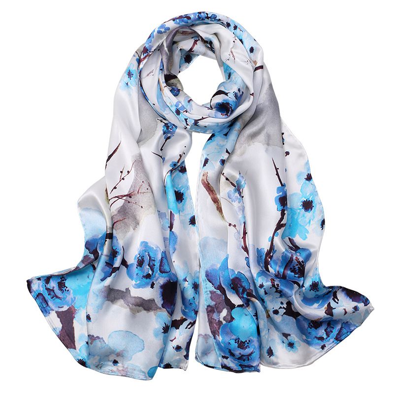 69" x 21" Womens Long Floral Printed Mulberry Silk Scarf Lightweight Luxury Wrap Neck Shawl