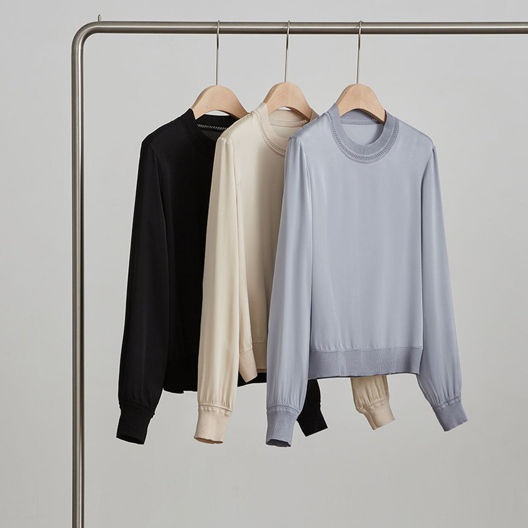 Women’s Long Sleeve Ribbed Crew Neck Mulberry Silk Blouse
