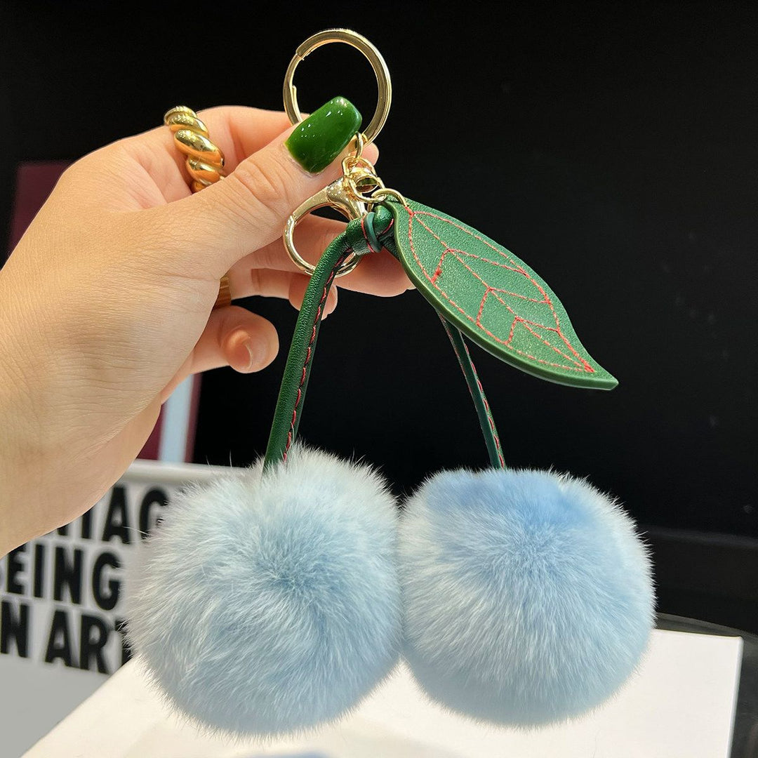 Rabbit Fur Cherry Keychain Cute Pom Pom Plush Bag Car Charm