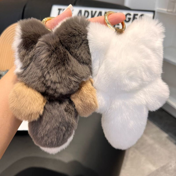 Large Size Real Rabbit Fur Cute Red Fox Fluffy Keychain Luxury Key Ring