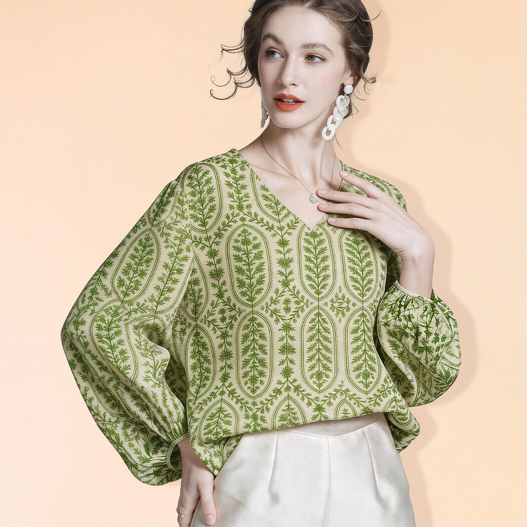 Lightweight Fresh Green Leaves Printed Beige Silk Chiffon Blouse Long Sleeve V-Neck Silk Shirt Top