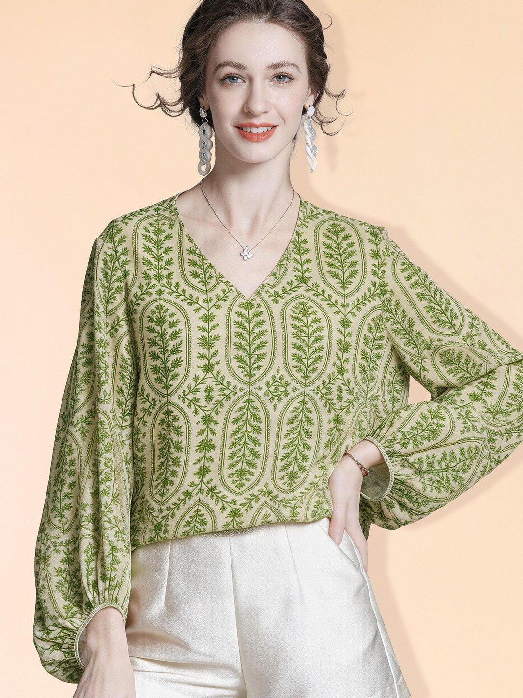 Lightweight Fresh Green Leaves Printed Beige Silk Chiffon Blouse Long Sleeve V-Neck Silk Shirt Top