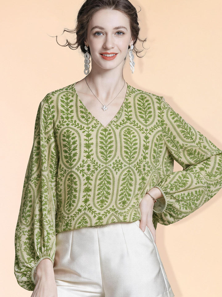 Lightweight Fresh Green Leaves Printed Beige Silk Chiffon Blouse Long Sleeve V-Neck Silk Shirt Top
